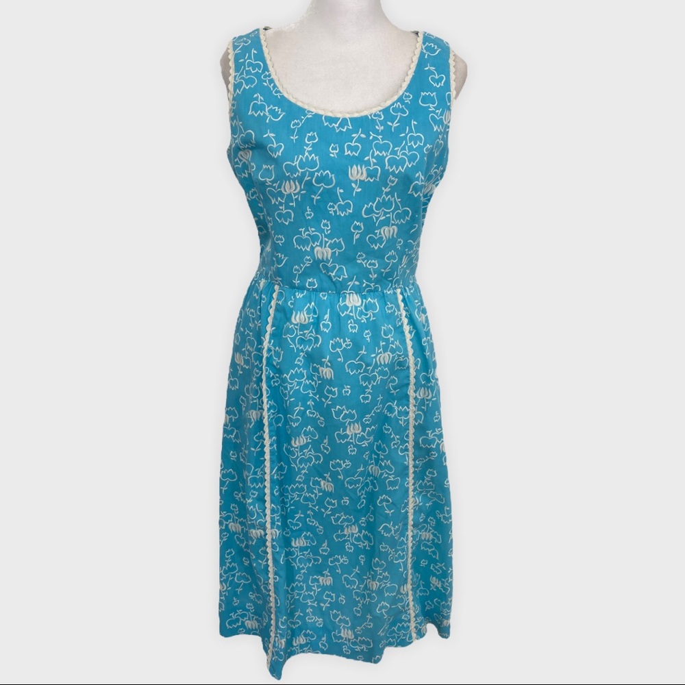 Vintage 70s Tanner Blue + White Floral Painted Looking Print Dress